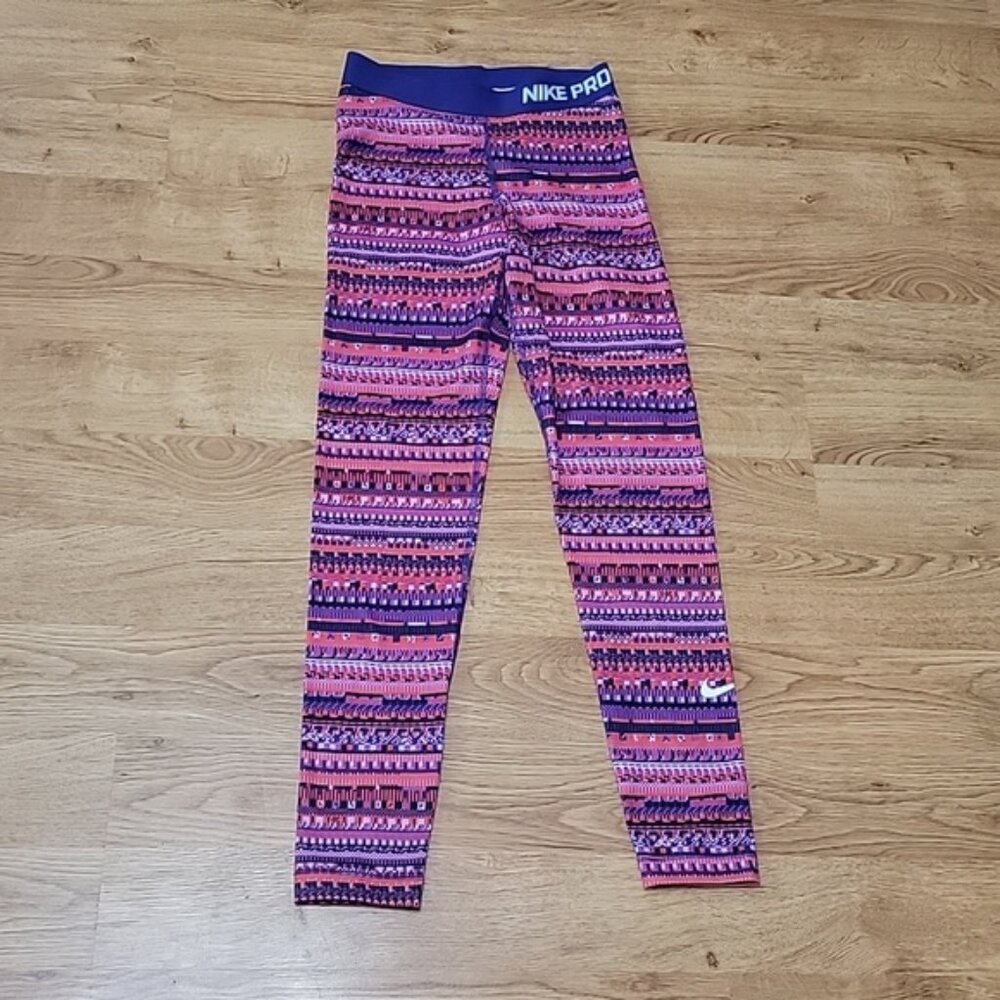 Nike Pro Pink And Purple Patterned Leggings Size S